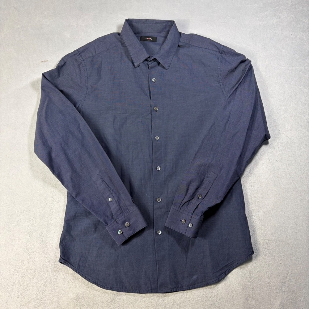 Theory Sylvain Cain Mens Navy Blue Cotton Micro Pattern Button Down Shirt L
